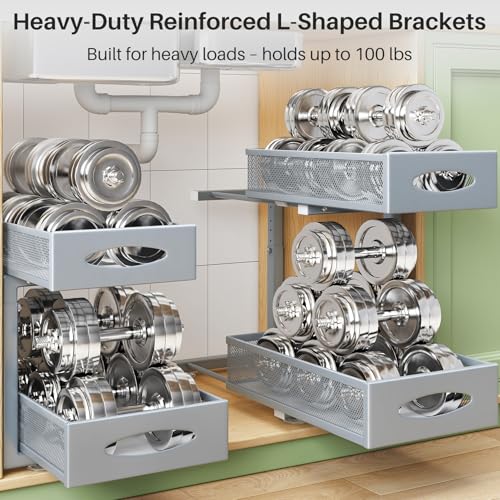 2 Pack Under Sink Organizer, 2 Tier Pull out Cabinet Organizer Mesh Baskets with 5 Adjustable Heights, Sliding Drawers Storage Shelf for Home, Kitchen, Bathroom, Pantry, Office, Countertop ,Grey - color: Grey, size: 2 Pack