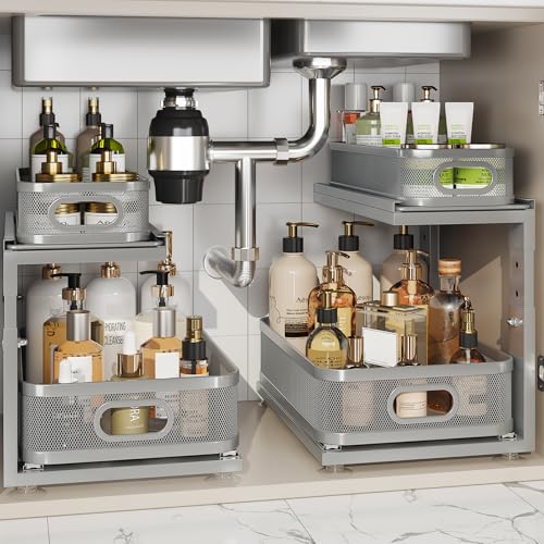 2 Pack 15.5IN-Depth Under Sink Organizer With Next-Gen Ball-Bearing Slides,2-Tier Precision Mesh Pull Out Cabinet Storage for Bathroom&Kitchen,Height Adjustable Drawers Shelf,Anti-rust-Grey - color: Gun Gray, size: 2 Pack-15.5"Dx12.4"-16.5"H