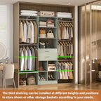 Small Closet System - 5FT Closet Organizer System with Wooden Drawers, 60 Inches Walk In Closet System With 5 Hanging Rods, Can Fit 1.58 to 6.8 FT with Reversible Hanging Shelving, Crab Green - color: Crab Green, size: 5FT