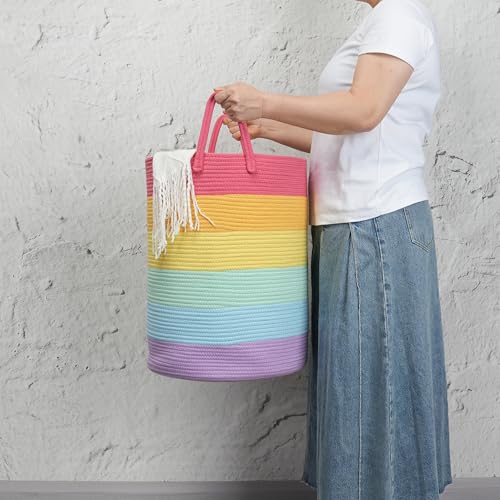 Woven Cotton Rope Laundry basket-15”X20” Laundry Hamper-Rope Storage Basket for Dirty Clothes, Toys and Blankets Perfect for Bathroom, Baby nursery and Living Room Storage (rainbow) - color: rainbow, size: regular