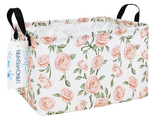 LANGYASHAN Rectangular Storage Bin Collapse Canvas Fabric Cartoon Storage Basket with Handles for Organizing Home Kitchen Boys and Girls Toys Office Closet Shelf Baskets (Rec Champagne Rose) - color: Rec Champagne Rose