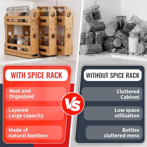 Pull Out Spice Rack Organizer for Cabinet Wide Slide Out Seasoning Rack Fits 2.1" Jars Large Capacity for Pantry Kitchen Cabinet 9" Deep Heavy Duty Easy Install