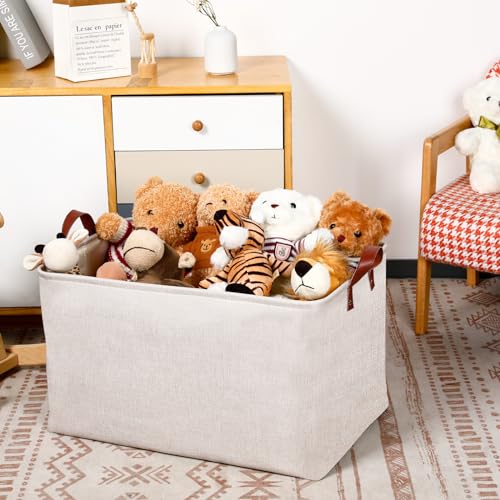 DULLEMELO Large Beige Storage Basket 70L Oversized Canvas Fabric Storage Bin, Collapsible Rectangular Toys Basket Organizer with Handles, 22X15 Storage Container for Clothes, Blankets, Pillows - color: Beige, size: Extra Large-22" x 15" x 13"