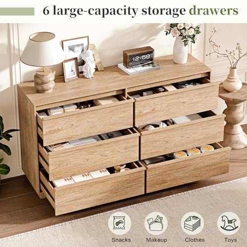 Ieejdn 55.12" Modern Chest of Drawer, 6 Deep Drawers,Clothes Organizer,Large Storage Cabinet for Living Room, Bedroom,Dresser TV Stand, Wood Drawer Organizer for Living Room, Hallway, Oak - color: Oak, size: 15.8"D x 55.1"W x 31.9"H (6 Drawers)