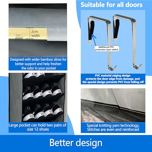 Shoe Organizer,70 Pounds Large Capacity,20-30-Pair Over The Door Shoe Organizer,10 Tiers Shoe Rack for Closet,New Upgrade Anti-Scratch Heavy Duty Hook and Bamboo Material Baffle,Grey/Black - color: Grey/Black