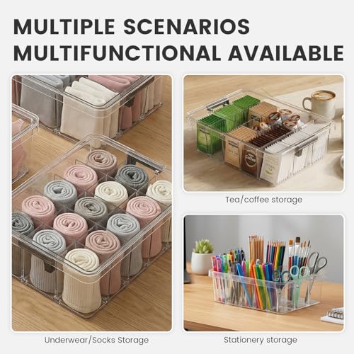 Socks Bra Underwear Drawer Organizer for Closet, 2 PCS Plastic Storage Box with 15 Removable Compartments and Lid, Clear Dresser Drawer Organizer Storage Container with Dividers for Sock Ties Belts - color: Clear-15 Grids