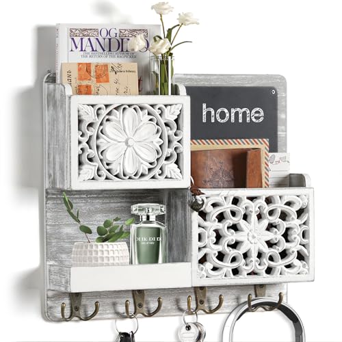 Mail Organizer Wall Mounted, 2 Slots Key Holder for Wall with 8 Hooks, Rustic Wood Key Rack with Shelf for Entryway Hallwall Farmhouse - size: Large