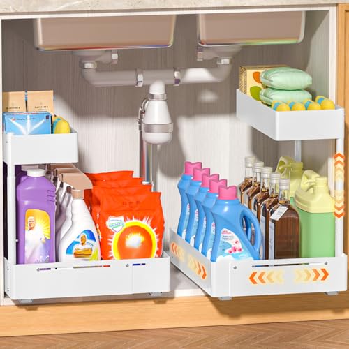 YJHome 2 Pack Expandable Under Sink Organizer, 2 Tier Pull Out Cabinet Organizer with Smooth Ball Bearing Slides, Adjustable Height Cabinet Storage Shelves for Kitchen, Bathroom, Laundry, Pantry - size: 2 Pack 9.8“-15"W