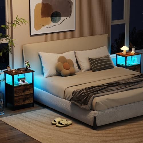 LOAKEKEL Night Stand with Charging Station, Small Bedside Table with USB Ports & Outlets, LED Nightstand with 2 Fabric Storage Drawers PU Finish for Bedroom, Brown, HETS02BR-1 - color: Rustic Brown, style: Two-drawer