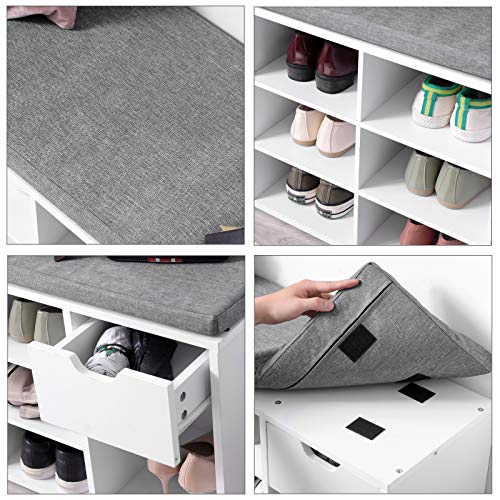 VASAGLE CUSTOS Collection - Storage Bench, Entryway Bench with Cushion, Drawer and Open Compartments, Bench with Storage, Living Room, Bedroom, Closet, White and Gray ULHS24WT - color: White + Gray