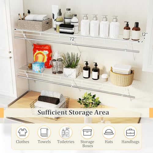 Giantex Closet Shelf with Hanging Rod, 6 ft Wall Mounted Wire Shelving Kit with Storage Shelf & Clothes Rod, Ventilated Metal Wall Shelf Organizer for Laundry Room, Closet, Bedroom, White - size: 6 ft