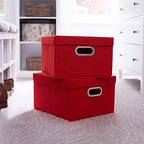 Household Essentials Storage Bins with Lids and Chromed Grommet Handles, Set of 2, Textured Linen Look, Red (Pack of 2) - color: Red, size: 2 Count (Pack of 2)