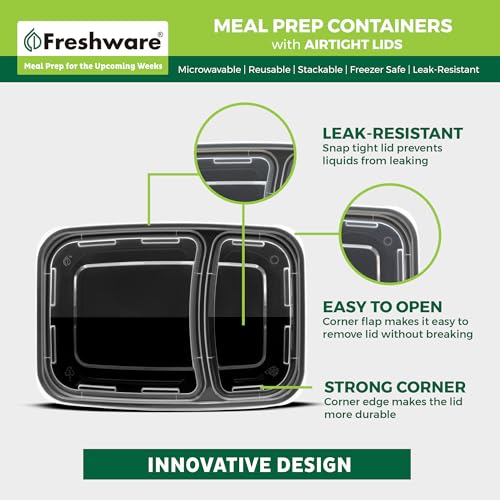 Freshware Meal Prep Containers [50 Count ] 2 Compartment with Lids, Food Storage Containers, Bento Box, BPA Free, Stackable, Microwave/Dishwasher/Freezer Safe (28 oz) - size: 2-COMP-50PK