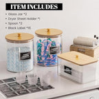 2+1 Pack Glass Laundry Pods Container & Acrylic Dryer Sheet Holder, Clear Laundry Room Organization Containers with Bamboo Lids & Labels, Powder Laundry Detergent Container for Scent Booster, Powder - size: 2+1 Pack