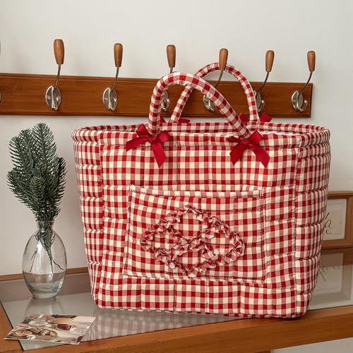 Quilted Fabric Basket Car Storage Basket Boho Floral Laundry Hamper for Nursery Bedroom & Living Room | Organize Clothes Toys (Red Gingham Check) - color: Red Gingham Check