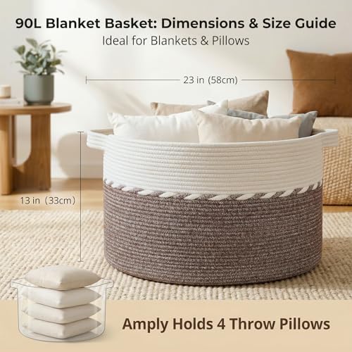 OIAHOMY 90L Blanket Basket for Living Room, Large Basket 23" x 23" x 13" with Handle, Laundry Hamper for Blankets, Pillows, Toy Storage for Kids, Dogs - Brown & White - color: Brown & White, size: 23" x 23" x 13"