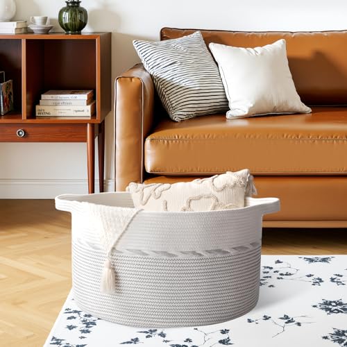 OIAHOMY 90L Blanket Basket for Living Room, Large Basket 23" x 23" x 13" with Handle, Laundry Hamper for Blankets, Pillows, Toy Storage for Kids, Dogs - Light Grey & White - color: Light Grey & White, size: 23" x 23" x 13"