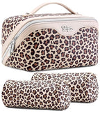 Travel Makeup Bags Organizer for Women: 3 Pcs Set Cosmetic Bag - Large Make up Bag with Compartments - Flat Open Waterproof Leather Toiletry Bags for Skincare, Brushes & Travel Essentials - Beige - color: 02-Beige