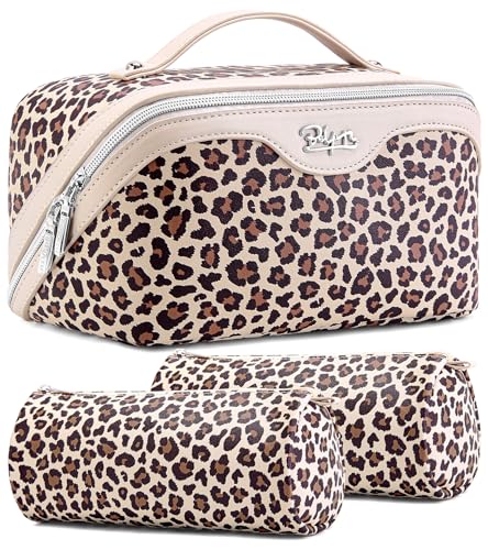Travel Makeup Bags Organizer for Women: 3 Pcs Set Cosmetic Bag - Large Make up Bag with Compartments - Flat Open Waterproof Leather Toiletry Bags for Skincare, Brushes & Travel Essentials - Beige - color: 02-Beige