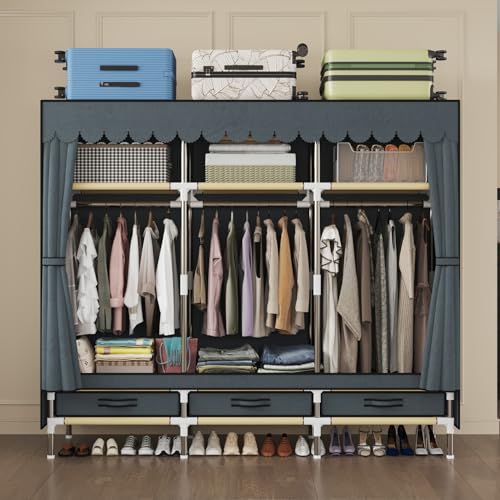 Portable Wardrobe, Freestanding Closet Hanging Organization, Metal Frame with Grey Fabric Cover, 3 Storage Compartments, 3 Hanging Rods, 3 Drawers. - color: Grey