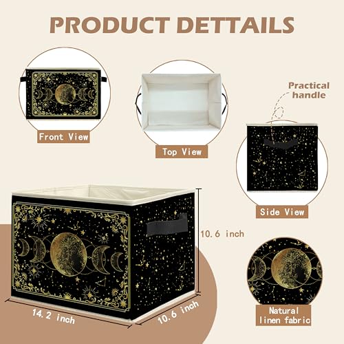 Mystical Witchy Moon Phase Storage Bin Box with Handles, Black and Gold Celestial Astrology Foldable Linen Fabric Laundry Basket for Home Bedroom Bathroom Clothes Toys Books