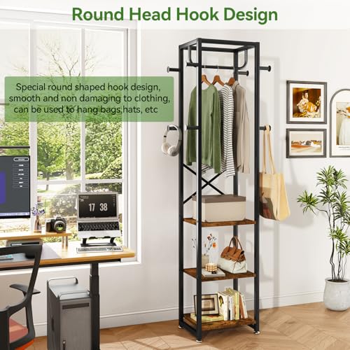 IBUYKE Coat Rack with Shelves, Freestanding Hall Tree with 3 Shelves and 8 Hooks, Industrial Clothes Stand for Entryway, Hallway, Bedroom, Rustic Brown UTMJ088H - color: Rustic Brown
