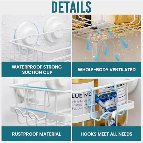 TAILI Corner-adaptive Suction Cup Shower Caddy 2 Pack, Stainless Steel Rustproof Corner Shower Shelves, Drill-Free Wall Mounted Baskets, Large Capacity Removable Suction Cup Bathroom Organizer, White - style: Corner-adaptive, White