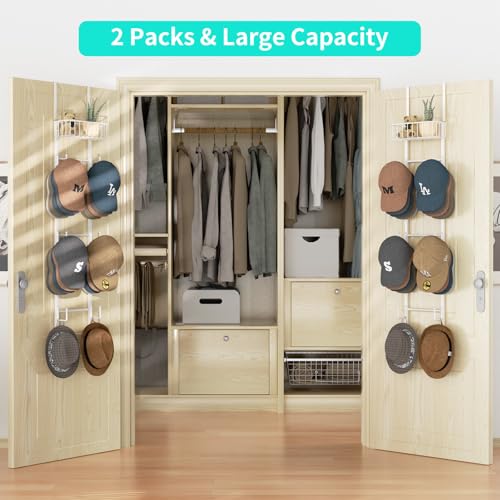 HapiRm Over Door Hat Rack - 2 Packs Wall Mounted Hat Holder with 6 Hooks and Metal Basket Design, Baseball Cap Organizer Storage Up to 32 Caps for Door, Bedroom, Closet, White - color: White, size: 2 Pack