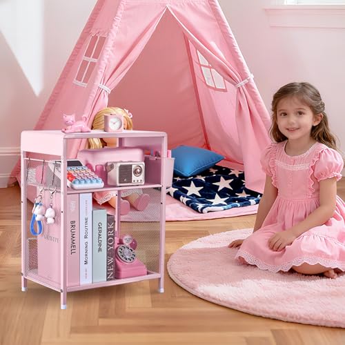 ECOLOVI Kids Nightstand 19in High for Floor Beds, 3-Tier Metal Small Bedside Table with Adjustable Storage Shelf, Basket & 3 S-Hooks, Low Nightstand for Nursery, Toddler Bedroom (Pink) - color: Pink