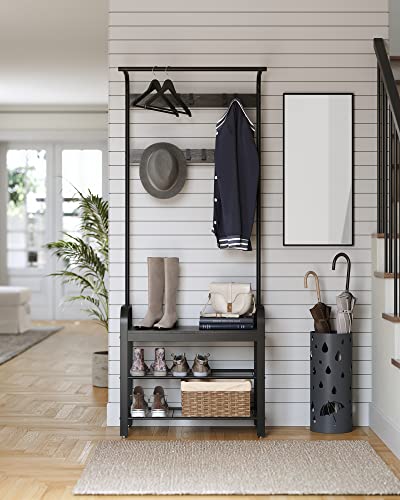 VASAGLE Coat Rack, Hall Tree with Shoe Bench for Entryway, Entryway Bench with Coat Rack, 4-in-1, with 9 Removable Hooks, a Hanging Rod, 13.3 x 28.3 x 72.1 Inches, Charcoal Gray and Black UHSR040B04 - color: Charcoal Gray + Black, size: 28.3"W