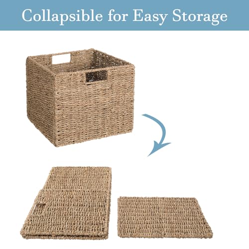 Seagrass Storage Baskets, 12X12X10in Cube Wicker Storage Basket for Shelves, Pantry Baskets Organization and Storage, Kitchen Storage Baskets, Bathroom Shelves Storage Basket Set of 3 - color: Seagrass