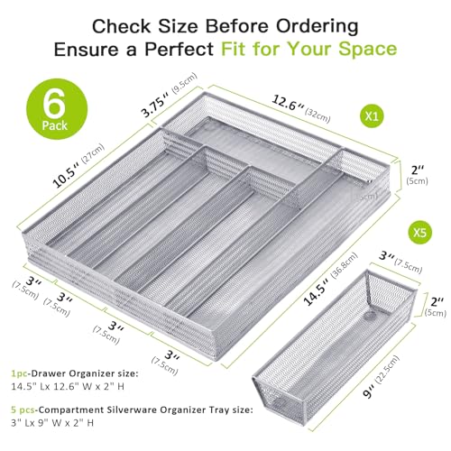Neudeco Drawer Organizer Set 6 Pack - 5-Compartment Silverware Organizer Tray + 5 Utensil Trays, Kitchen Drawer Organizer for Flatware, Cutlery, Office Supplies, Silver Mesh, Non-Slip - color: Silver-6L pack