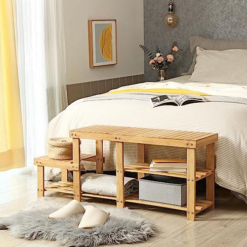 SONGMICS 2-Tier Shoe Bench Boot Organizing Rack Entryway Storage Shelf with High and Low Levels for Adult and Child Bamboo LBS120N - color: Light Bamboo, size: 11.1"D x 44.1"W x 17.7"H