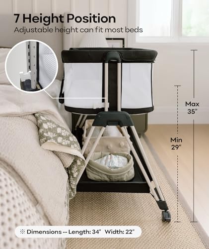Fodoss Baby Bassinet Bedside Sleeper with Wheels and Storage Tray,4-Sided Mesh Bedside Bassinet for Infant/Newborn,7 Height Adjustable Easy Folding Bedside Crib - color: Dark Grey Tweed