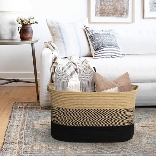Extra Large Blanket Basket, 23.6"x15.7"x14.1" Woven Blanket Storage for Living Room, Oversized Wicker Floor Basket, Big Cotton Rope Kids Dog Toy Bin Box, Decorative Rectangle Pillow Holder - color: Black and Jute
