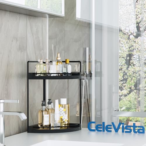 Corner Bathroom Counter Organizer, 2 Tier Wood Vanity Storage, Waterproof Skincare Shelf for Kitchen & Toiletries Decor, Dresser (Black-2 Tier) - color: Black-2 Tier