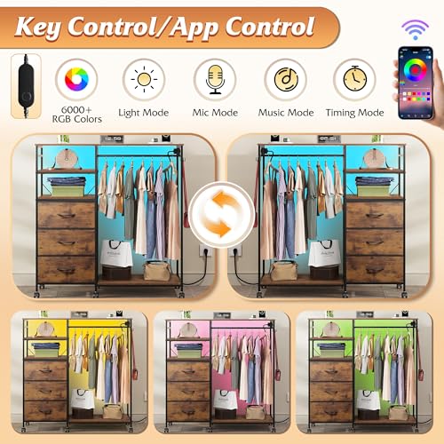 WLIVE Dresser with Hanging Rack for Bedroom, 3 Drawer Dresser with LED Lights & Charging Station, Fabric Dressers & Chest of Drawers, Storage Organizer with Open Shelves for Living Room, Brown - color: Rustic Brown Wood Grain Print