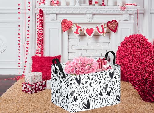 Valentine's Day Gift Basket Rec Black Heart Print Box Hamper Storage Basket Collapsible Organizer Bin Gift Shelf Baskets for Home and Kitchen - color: white-black heart