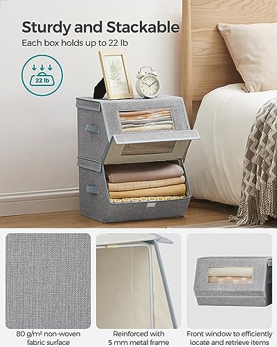 SONGMICS Stackable Storage Bins Set of 2, Storage Boxes with Lids and Front Windows, Non-Woven Fabric Closet Organizers with Magnetic Closures, Side Handles, Dove Gray URLB002W01 - color: Dove Gray