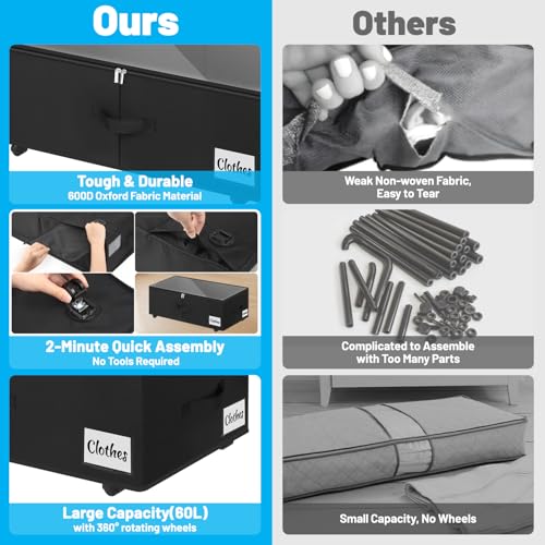 Under Bed Storage with Wheels, 2-Pack 10" Height XXL 60L Rolling Storage Bins, Quick Assembly Underbed Shoe Storage Containers with Clear Lid & Label, Dorm Under Bed Drawers for Clothes, Shoes, Grey - color: Black-2 Pack, size: 9.5 Inch Tall - Clear Lid