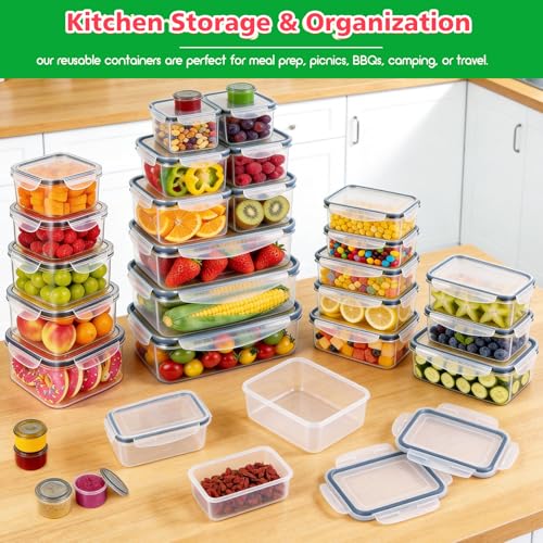 62PCS Thicker Food Storage Containers with Lids Airtight Leakproof, BPA Free Plastic Kitchen Food Storage Containers, Stackable Reusable Meal Prep Food Containers with Lids, Freezer Microwave Safe - size: 476oz-31 Pack