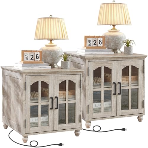 RWYHG Farmhouse 24" End Table Set of 2 with Charging Station, Large Sofa Side Table with Glass Barn Door,Wood Night Stand with Adjustable Storage Shelf,Square Bedside Table for Living Room,Bedroom - color: Grey, size: Set 2