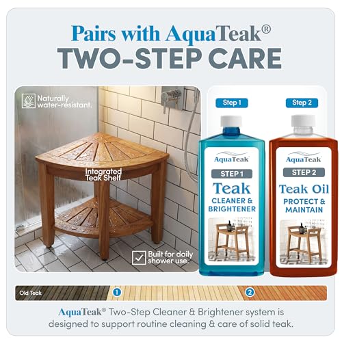 AquaTeak The Original 15.5" Kai Corner Teak Shower Bench - Shower Stool with Storage Shelf for Bathroom - Durable Water Resistant Shower Chair with Teak Oil & Cleaner CareKit - Shaving Foot Rest - size: Original - Care Kit, style: Corner Stool With Shelf