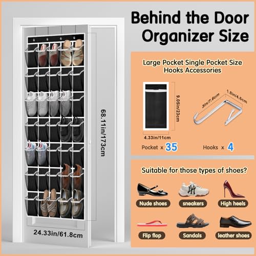 Kotkn 35 Compartment Over The Door Storage - Breathable Mesh Hanging Organizer with Large Pockets, Space Saving Design for Men & Women's Footwear, Closet, Bedroom- Black (Black, 35-Pocket) - color: Black