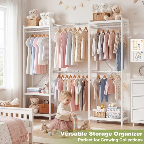 Homykic Bamboo Closet System, 71"-91" Expandable Clothing Rack with 5 Hanger Rods & Shelves, 6.6ft Tall Garment Rack Organizer for Walk-in Closet Bedroom, Max Load 850LBS, Easy to Assemble, White - color: White, size: 91"Wx14.2"Dx79"H