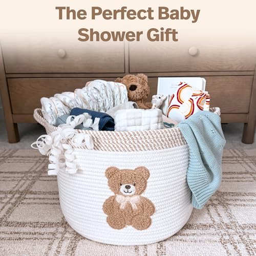 Teddy Bear Storage Basket for Nursery – Large 15"x11" Cotton Rope Bin with Soft Embroidered Bear Patch – Gender Neutral Toy Organizer, Baby Laundry Hamper, Blanket & Diaper Holder - color: Neutral Teddy
