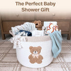 Teddy Bear Storage Basket for Nursery – Large 15"x11" Cotton Rope Bin with Soft Embroidered Bear Patch – Gender Neutral Toy Organizer, Baby Laundry Hamper, Blanket & Diaper Holder - color: Neutral Teddy
