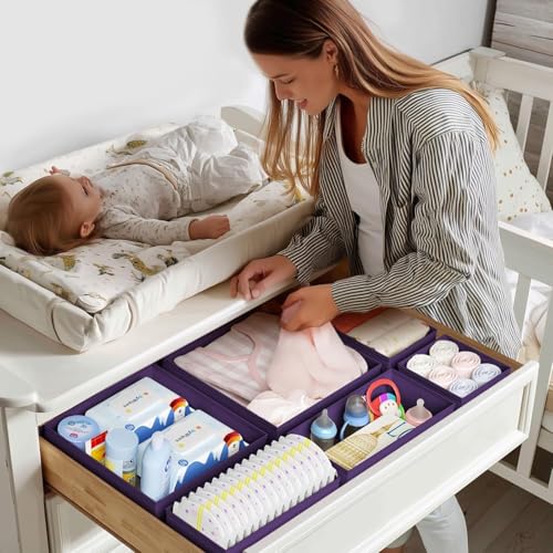 DIMJ Drawer Organizer Clothes - 24 Pack Closet Drawer Organizer Bins for Baby Clothes Storage, Fabric Dresser Organizer for Nursery Bedroom, Foldable Small Drawer Dividers for Underwear Socks - color: Purple, size: 24 Pack