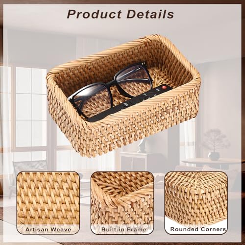 BTSKY Remote Control Basket 7.9" x 5.1", Decorative Small Basket Handwoven Rattan Storage for Jewelry, Cosmetics, Wicker Organizer Rattan Holder for Living Room Coffee Table Entryway Bedroom Vanity - size: 7.9'' x 5.1'' x 2.6''