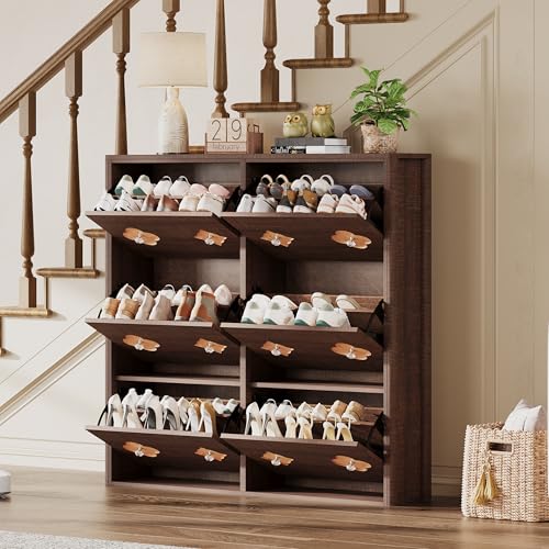 GarveeHome Shoe Storage Cabinet with 6 Flip Drawers, Narrow Wood Shoe Organizer Cabinet with Floral Pattern, Freestanding Slim Shoe Rack Cabinet with Adjustable Shelves, for Entryway, Hallway, Brown - color: Brownish-red, size: 6-Drawers